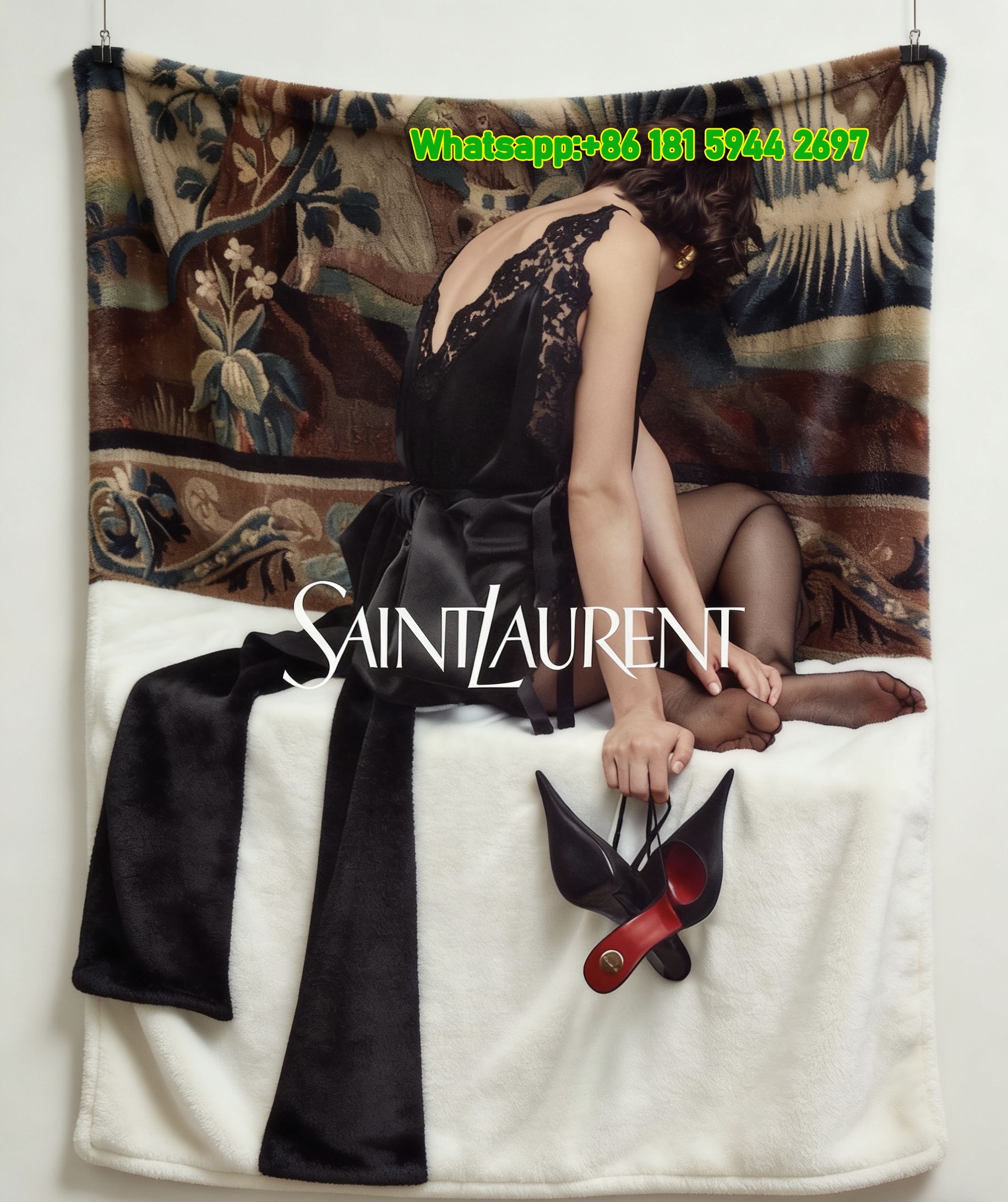 Yves Saint Laurent YSL Luxury Black Lace Fashion Print Black Red White Flannel Throw Blanket Premium Designer Printed Sofa Cover Blanket IMG_3301
